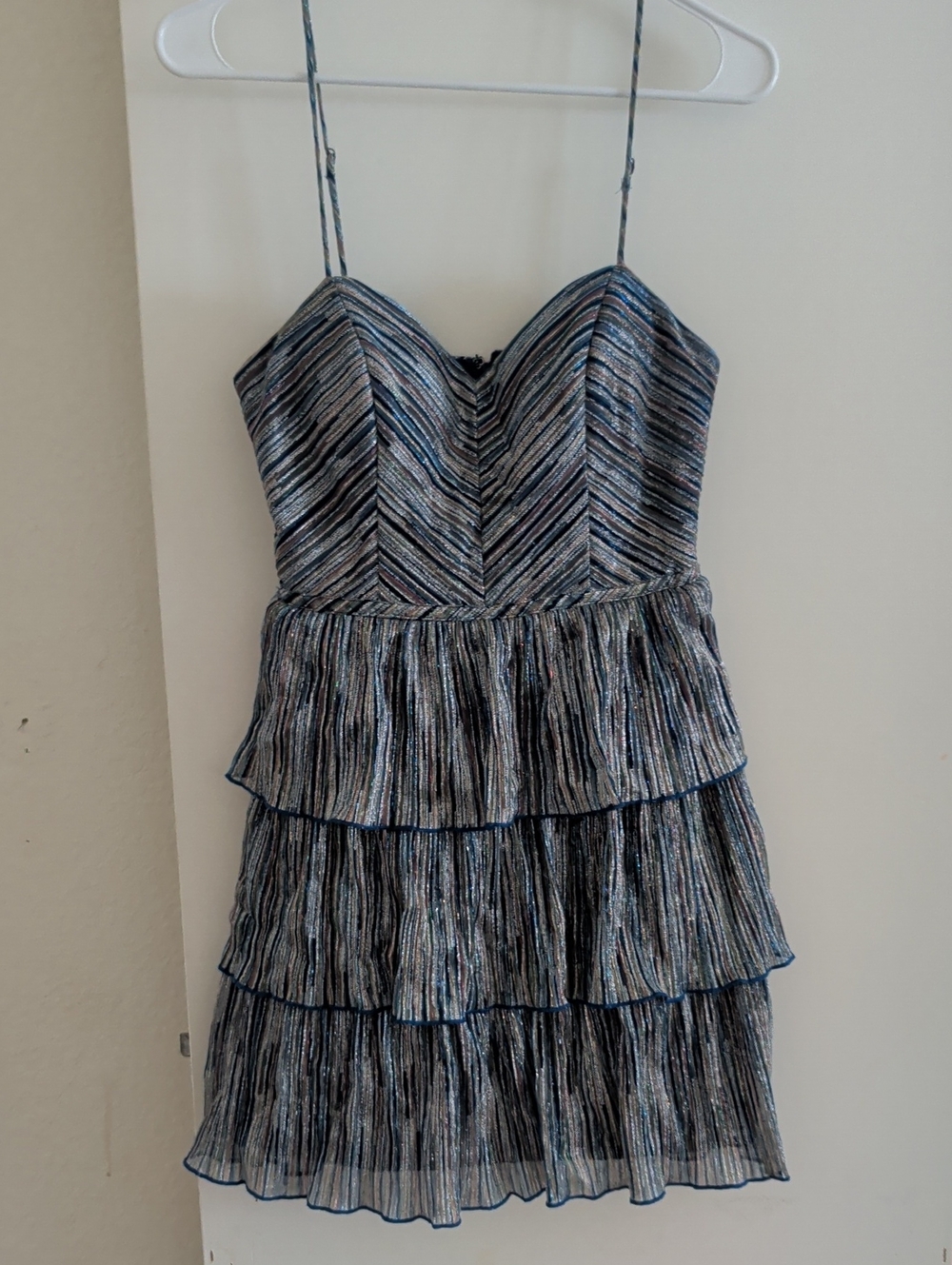 City Studio Metallic Striped Tiered Spaghetti Strap Dress - Blue/Silver